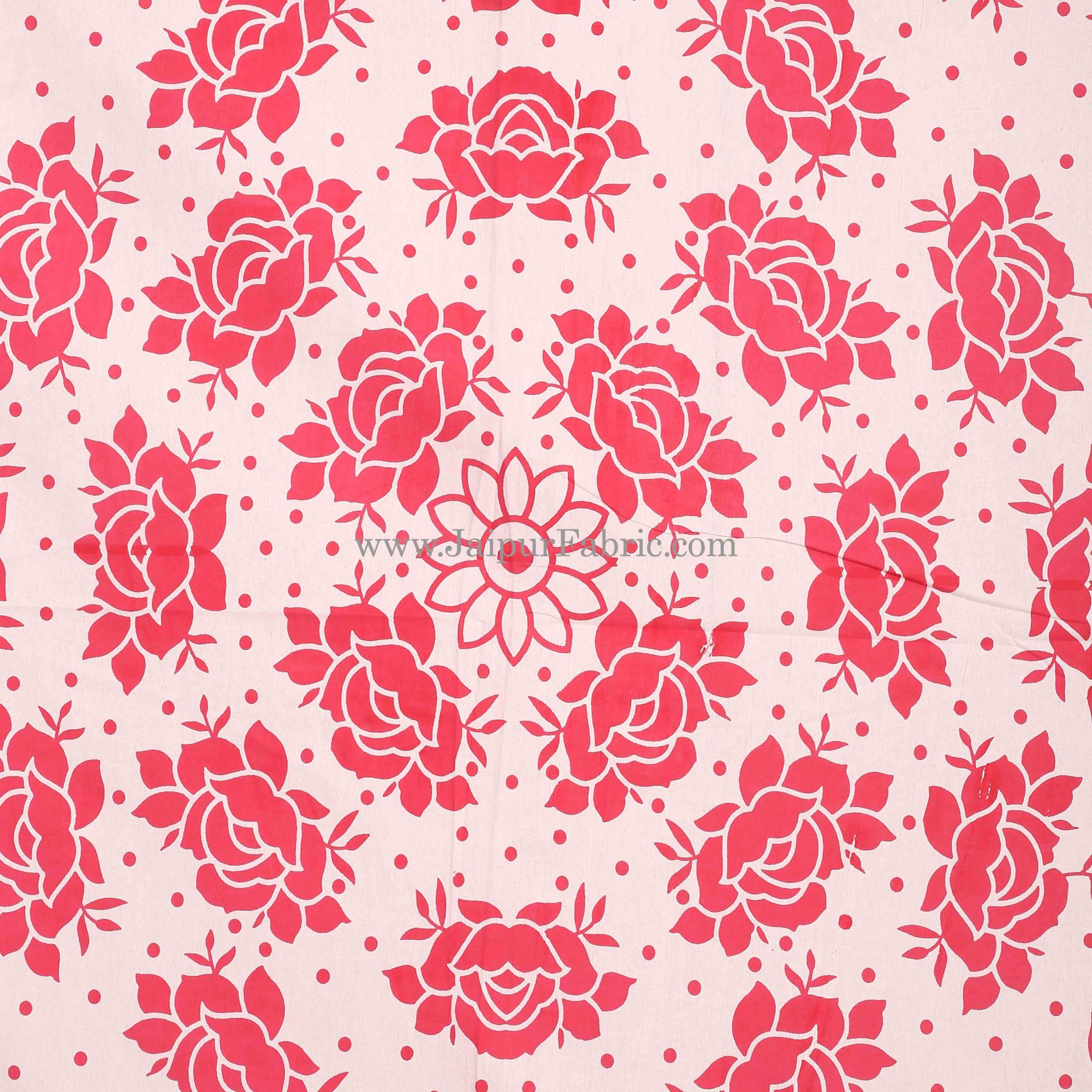 Dark Pink Border Pink  Base White Lotus Print Cotton Double Bed Sheet