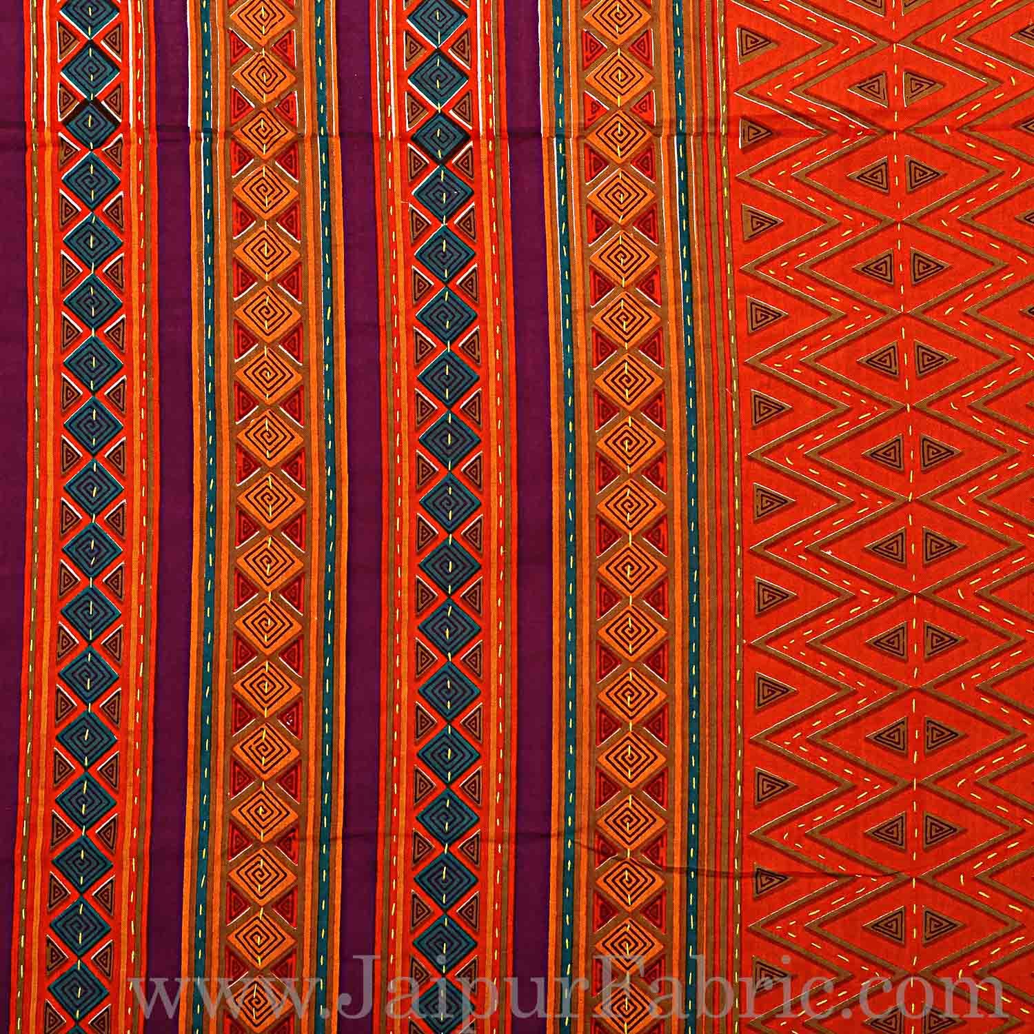 Double Bedsheet Katha Work Orange Border Zik-Zak Print