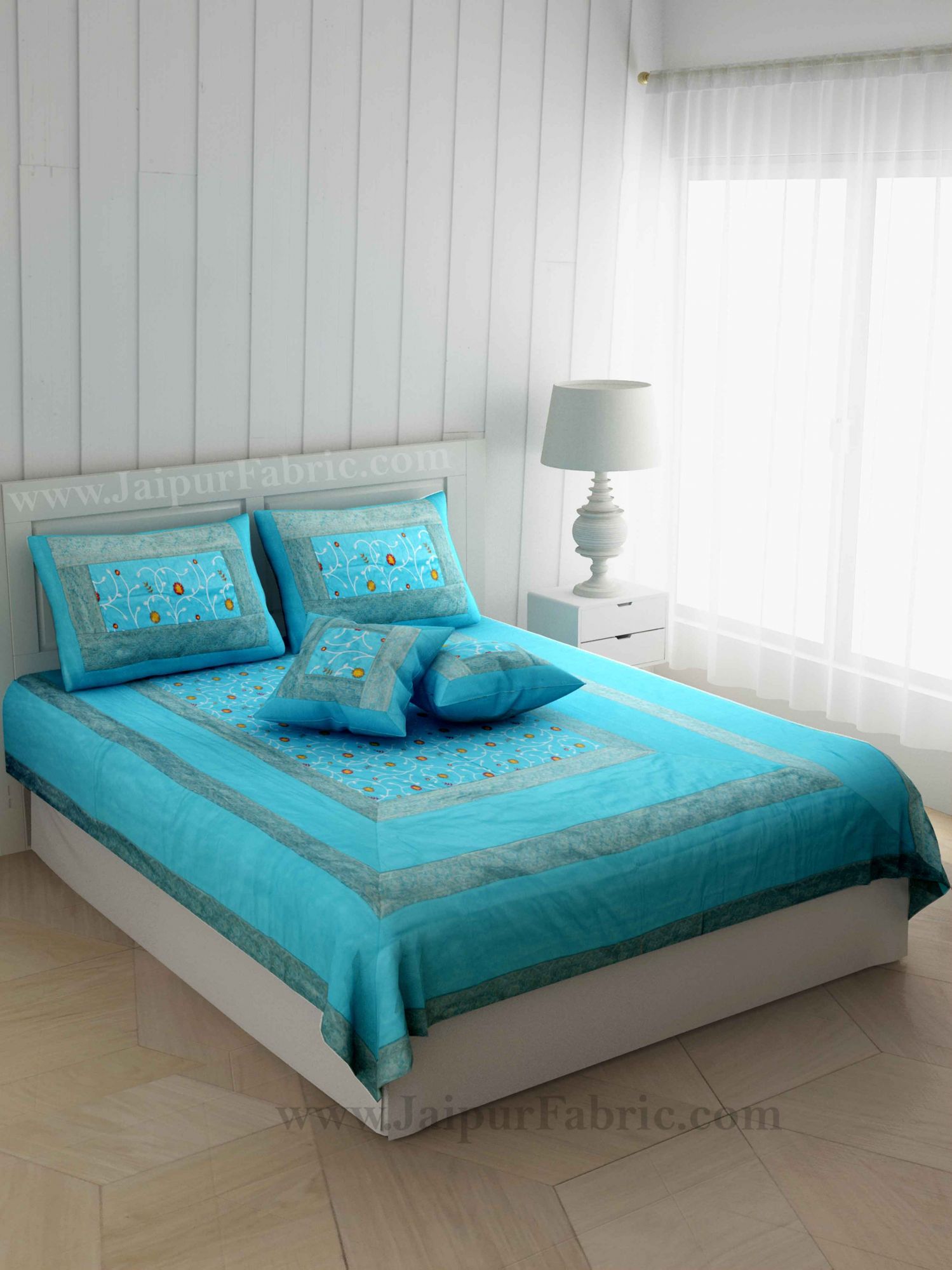 Firozi Base With Zari  Border Silk Embroidery And Silk  Double Bedsheet