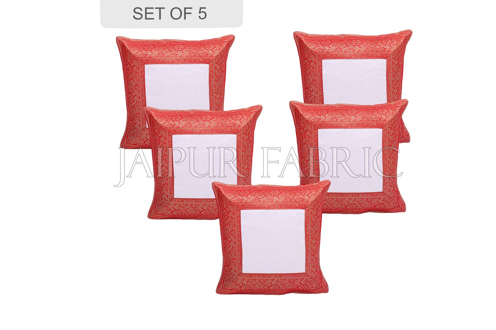 White Base with Red Gota Work Border Cotton Satin Silk Cushion Cover