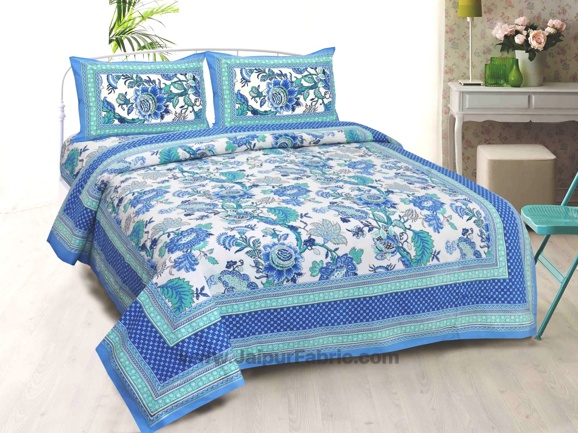 Combo371 Bed in a Bag Blue Floral  1 Dohar + 1 Double BedSheet + 2 Pillow Covers