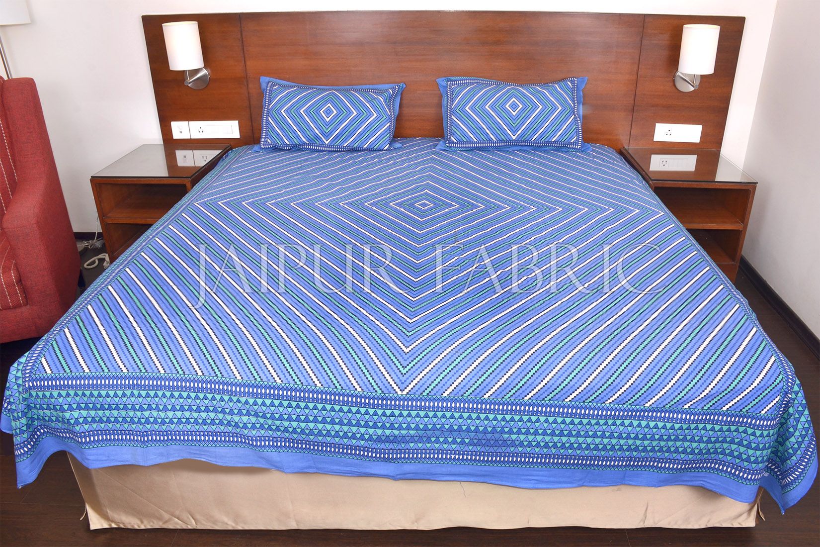 Blue Zick Zack Print Double Bed Sheet
