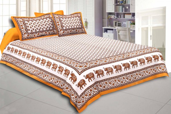 Brown Border White Base Bell And Elephant Border Small Booti  Print Cotton Double  Bed Sheet