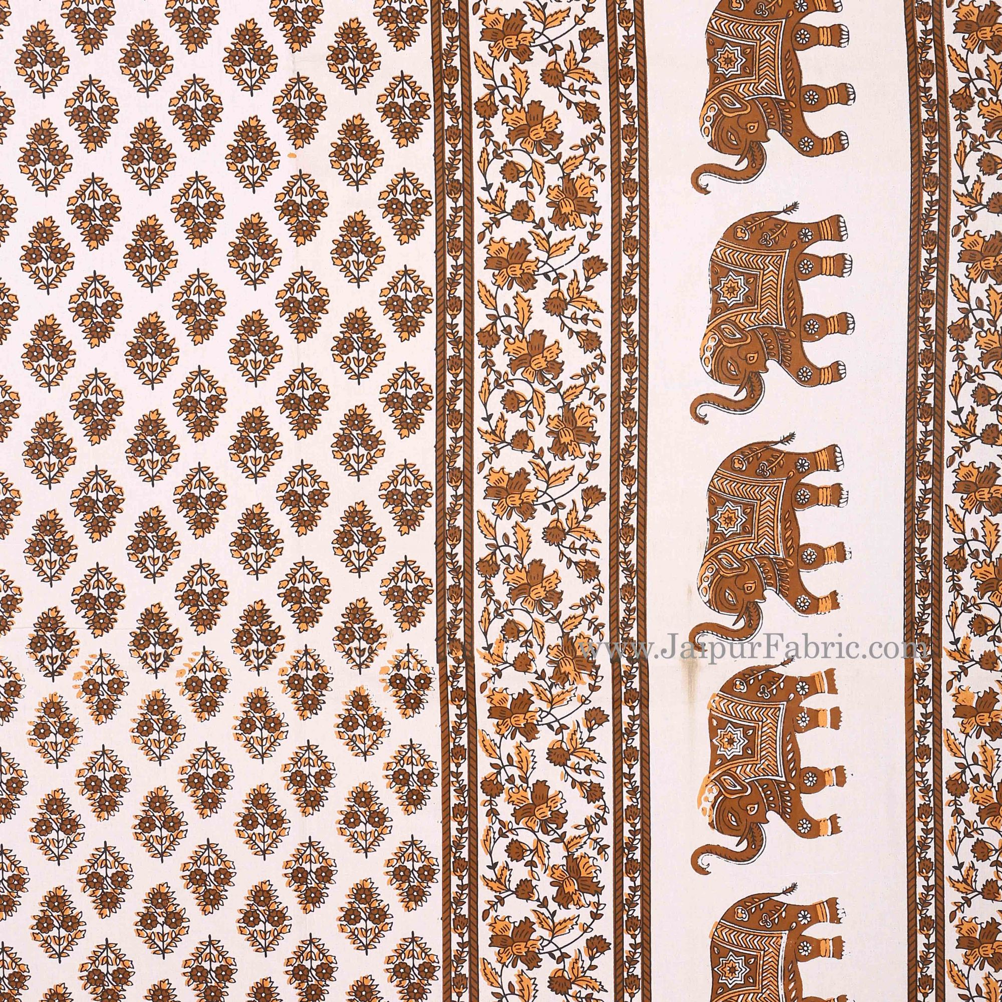 Brown Border White Base Bell And Elephant Border Small Booti  Print Cotton Double  Bed Sheet