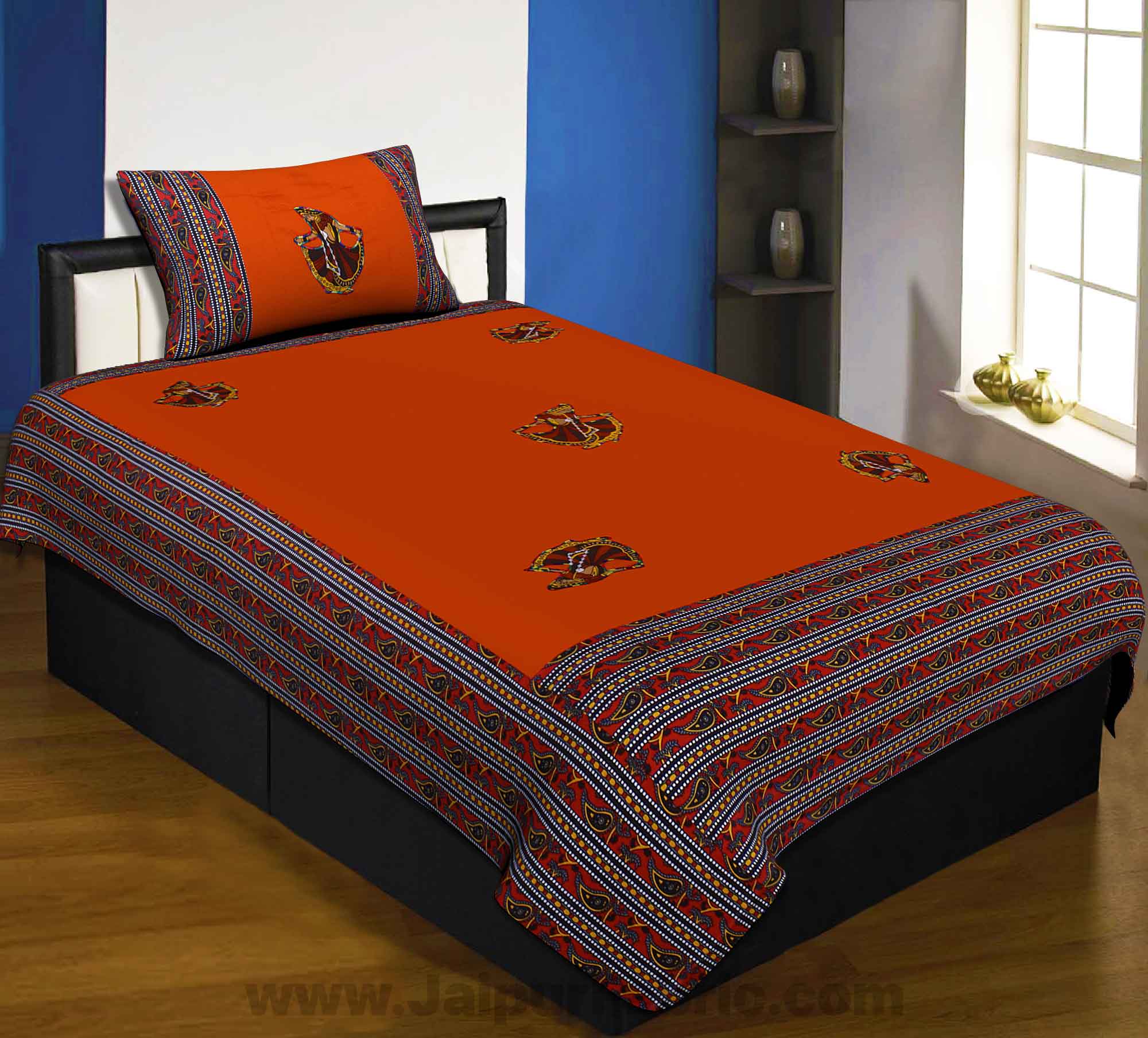 Applique Orange Gujri Jaipuri  Hand Made Embroidery Patch Work Single Bedsheet
