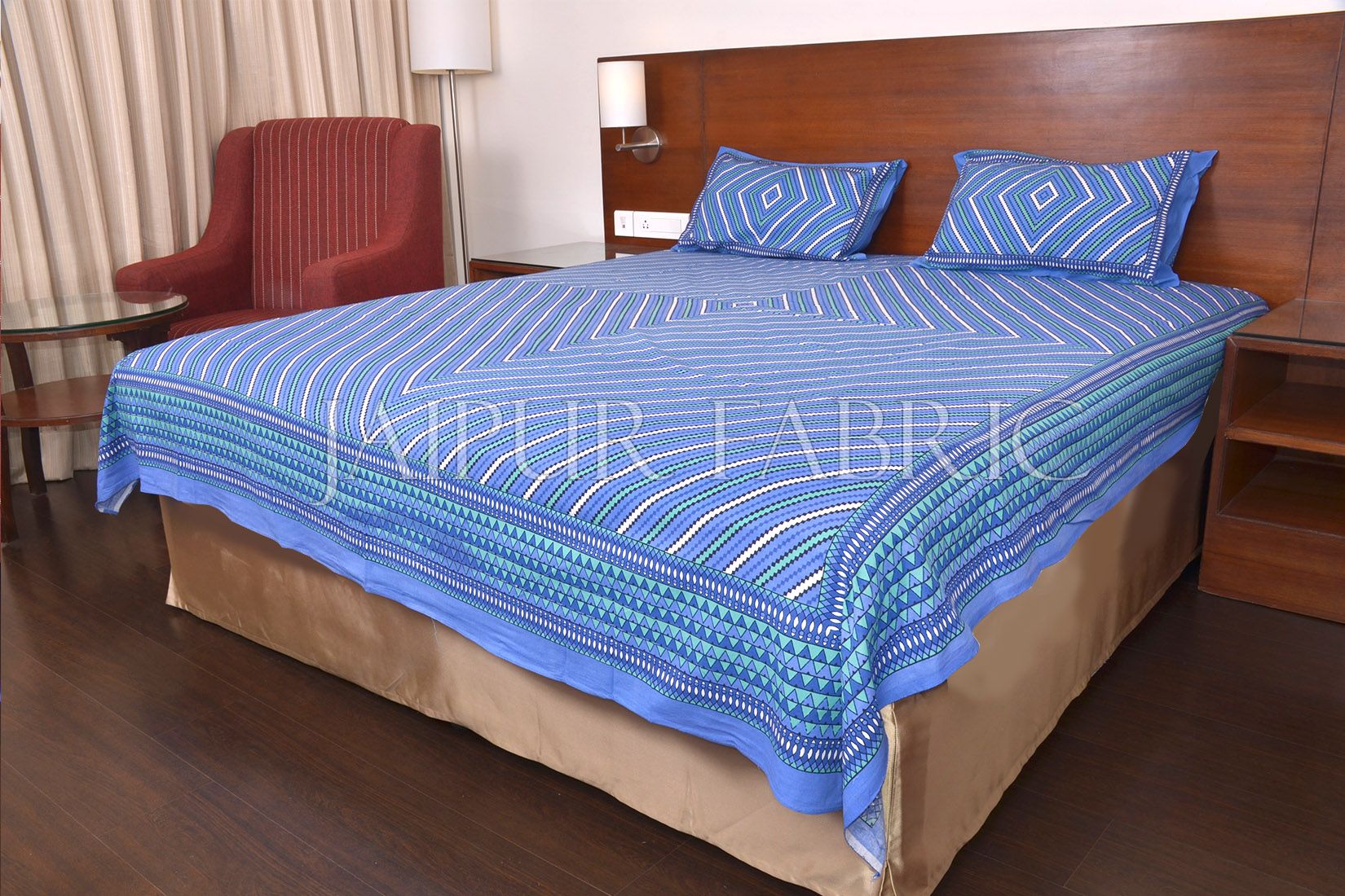 Blue Zick Zack Print Double Bed Sheet
