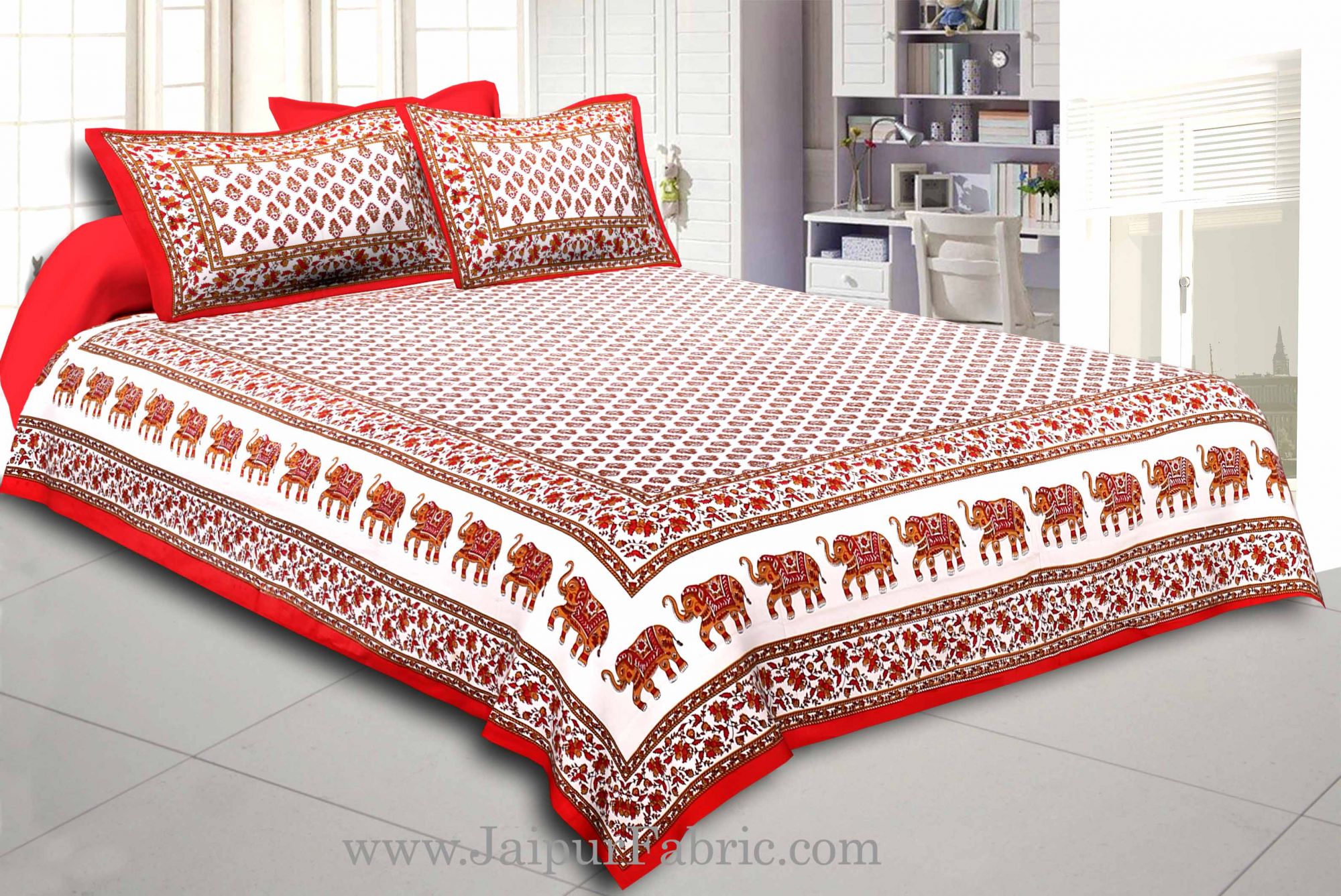 Red Border With  Paisley  Cream Base Elephant Print Cotton Double Bed Sheet