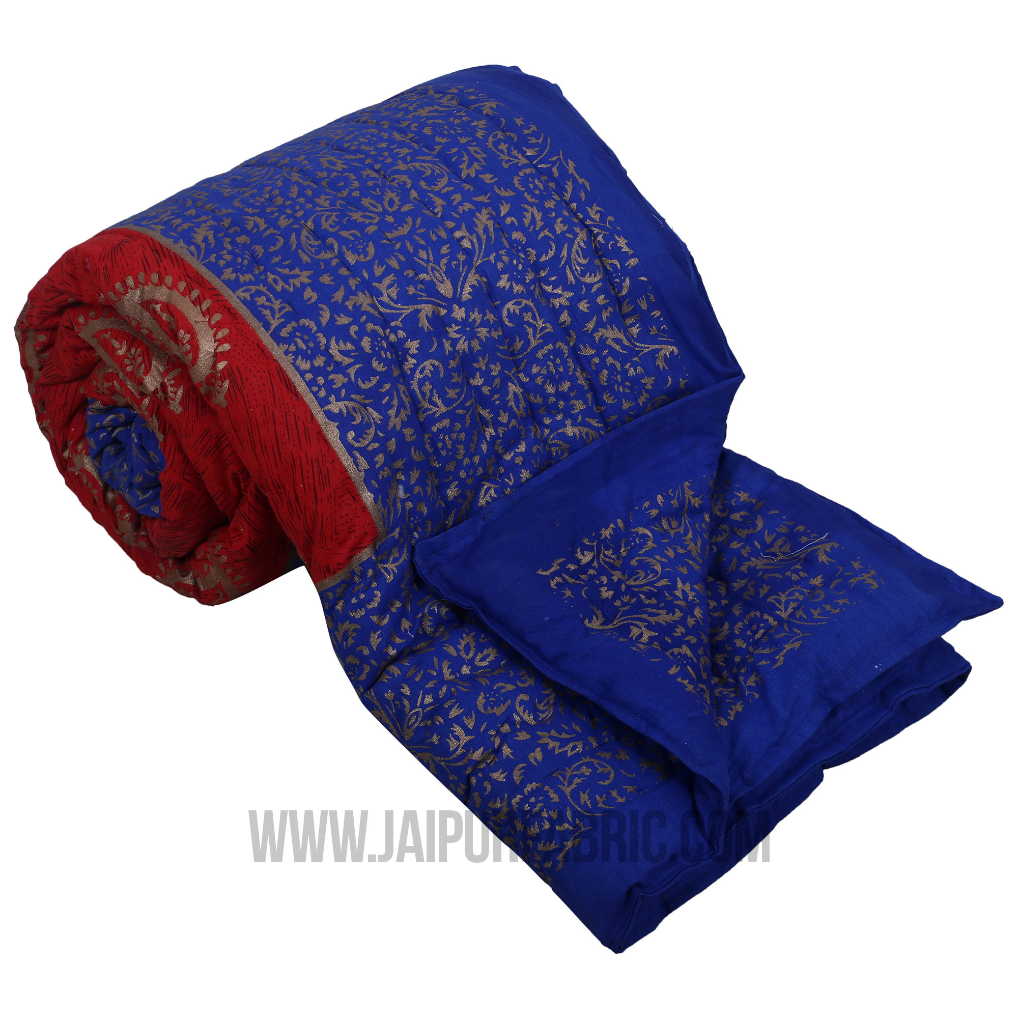 Jaipuri Printed Single Bed Razai Golden Red and blue with Paisley pattern