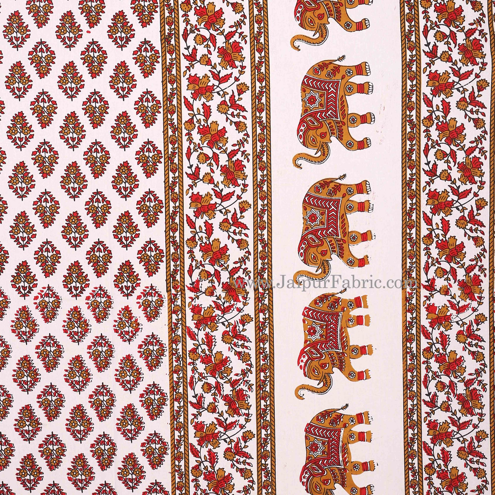 Red Border With  Paisley  Cream Base Elephant Print Cotton Double Bed Sheet