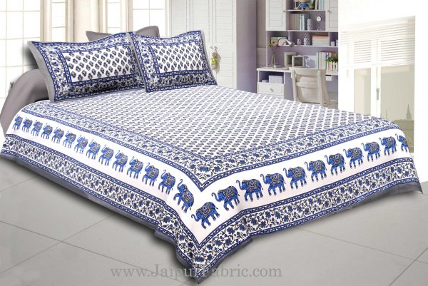 Gray Border White Base Bell And Elephant Border Small Booti  Print Cotton Double  Bed Sheet