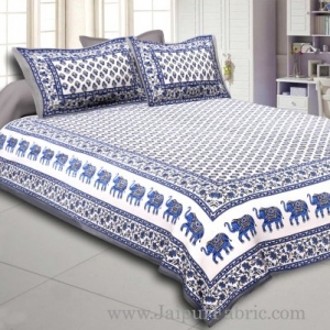 Gray Border White Base Bell And Elephant Border Small Booti  Print Cotton Double  Bed Sheet