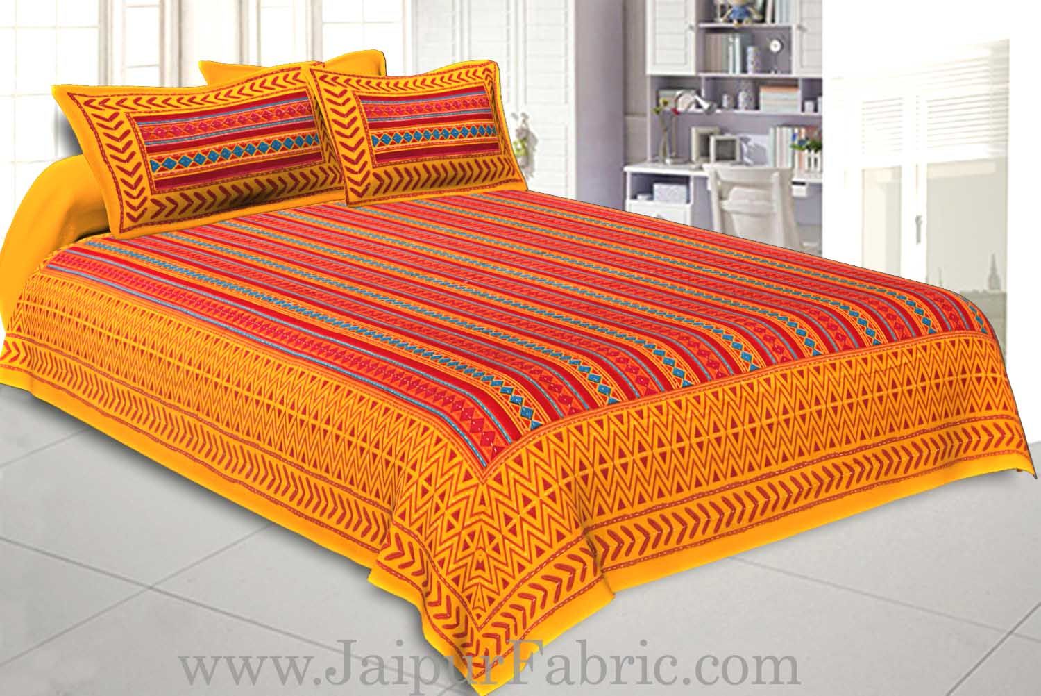 Double bedsheet Katha Work Yellow Border Zig-Zag Print With Two Pillow Cover