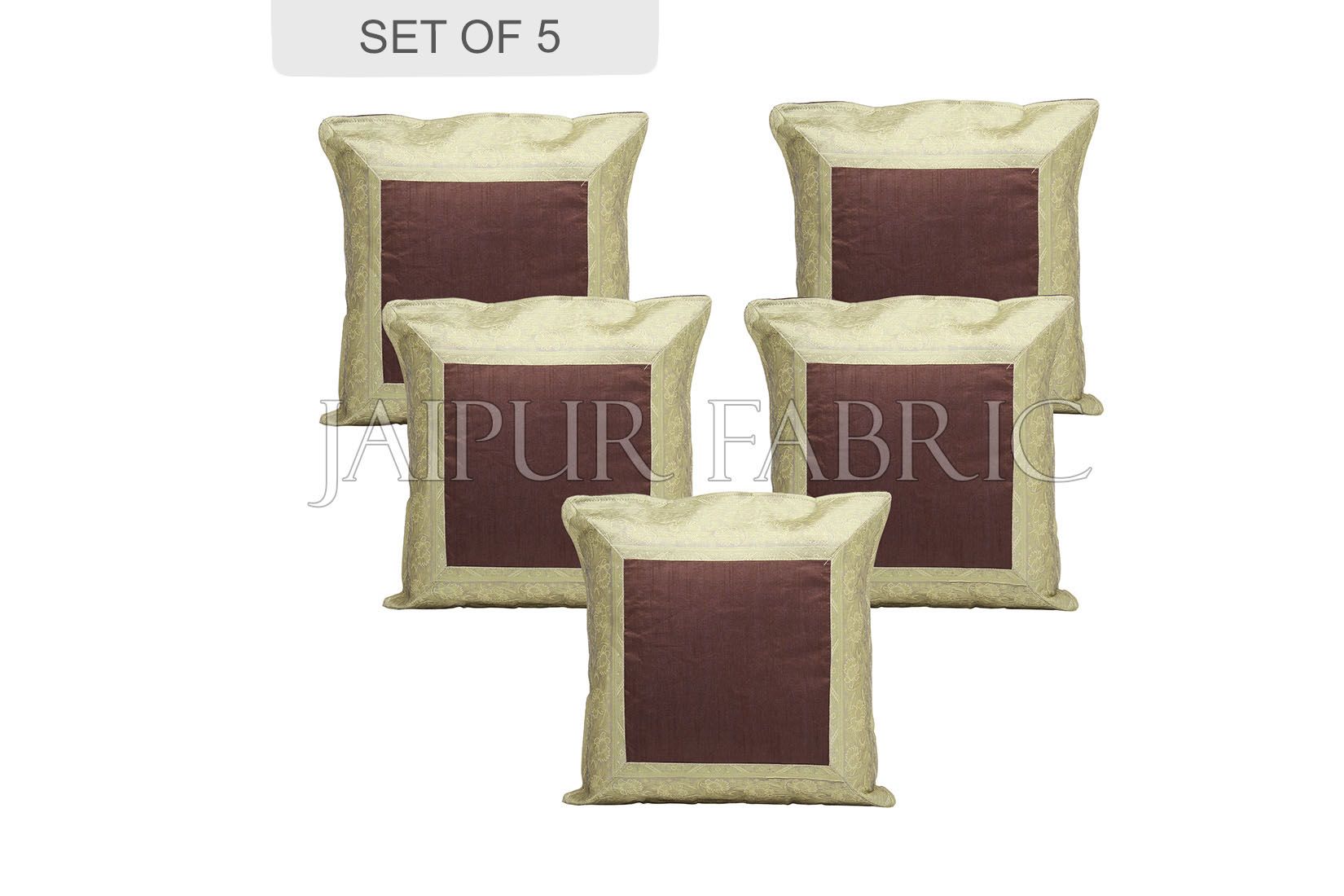 Brown Base with Golden Gota Work Border Cotton Satin Silk Cushion Cover