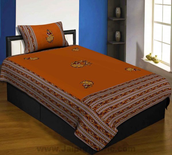 Applique Mustard Rajasthani Dance Jaipuri  Hand Made Embroidery Patch Work Single Bedsheet