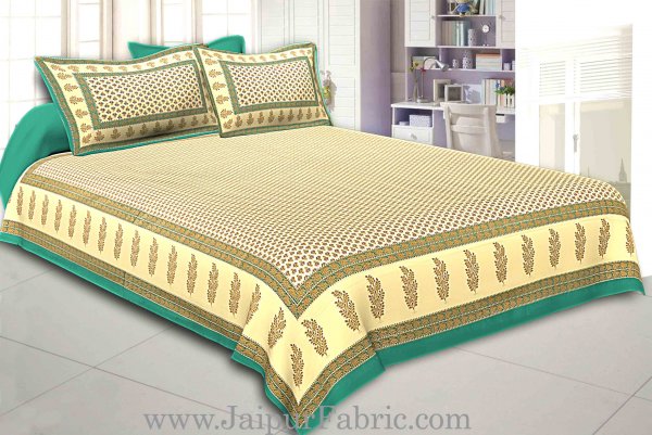 Green Border Cream Base With booti Pattern With Golden Print Super Fine Cotton Double Bed Sheet