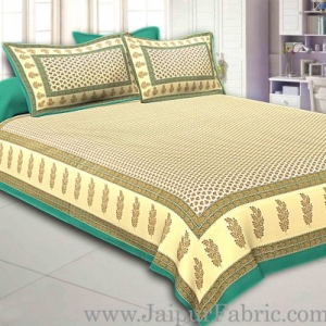 Green Border Cream Base With booti Pattern With Golden Print Super Fine Cotton Double Bed Sheet