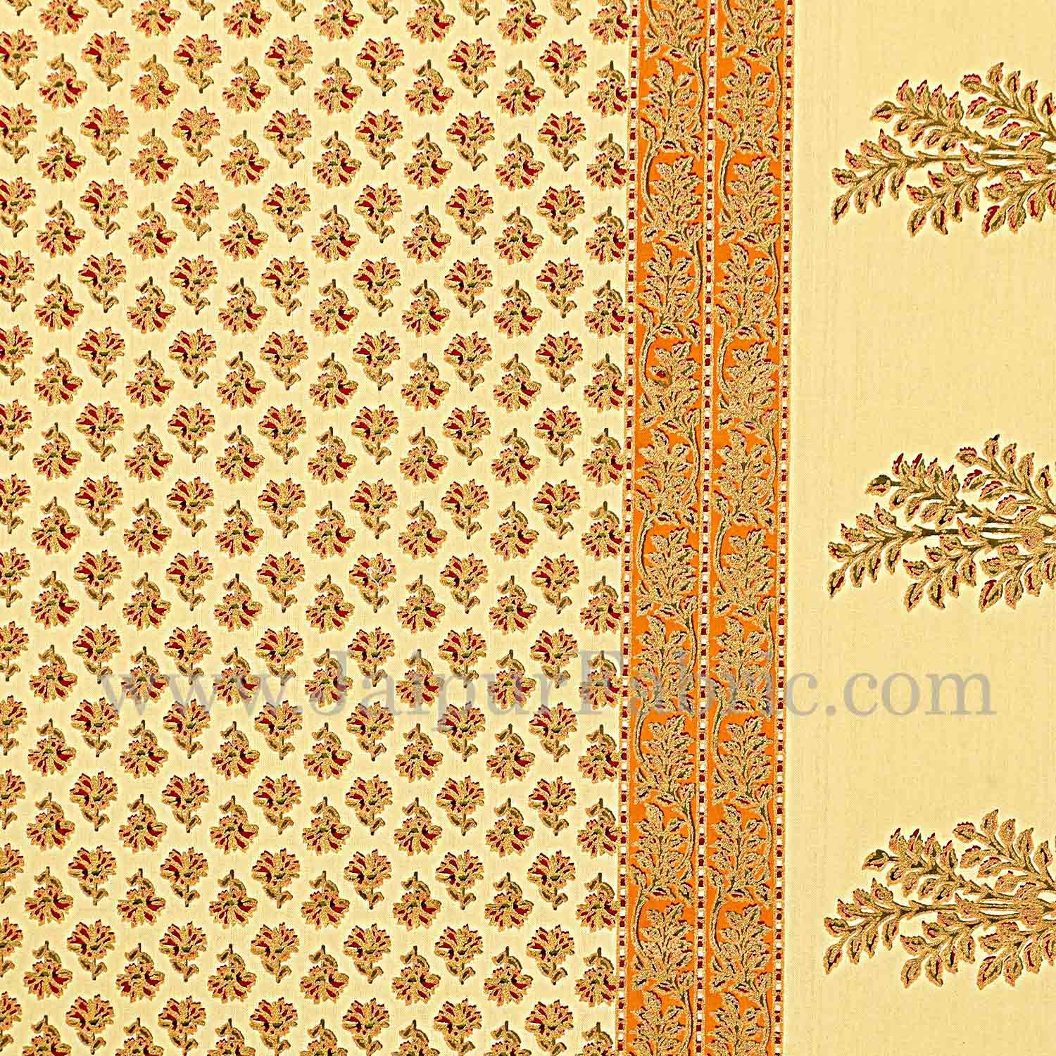 Orange Border Cream Base With booti Pattern With Golden Print Super Fine Cotton Double Bed Sheet