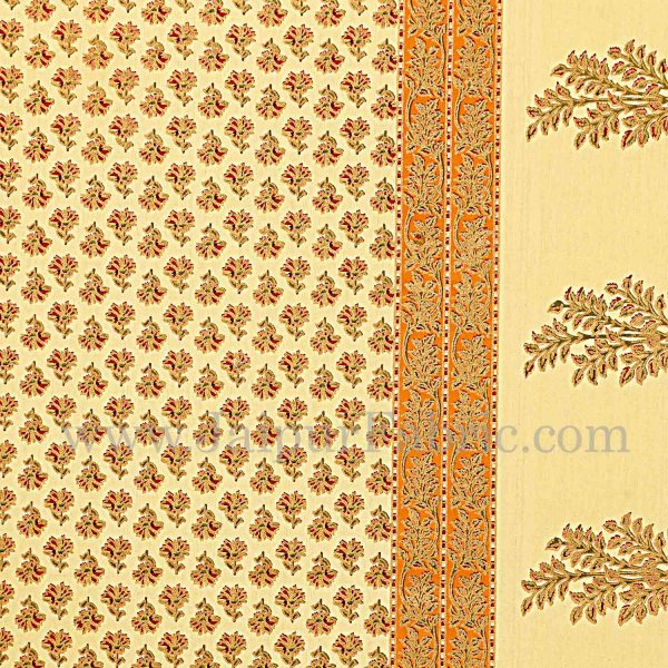 Orange Border Cream Base With booti Pattern With Golden Print Super Fine Cotton Double Bed Sheet
