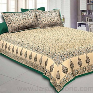 Ethnic Gold Green Floral Double Bedsheet