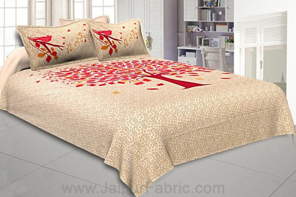 Beige Double Bedsheet With Hot Pink Spring Tree
