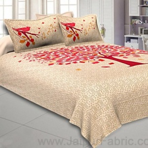 Beige Double Bedsheet With Hot Pink Spring Tree