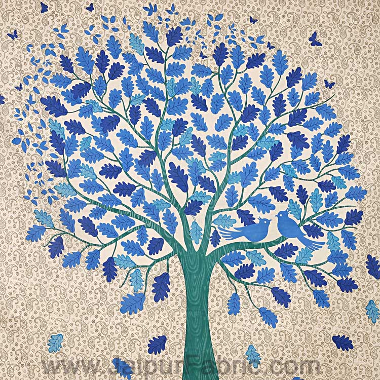 Beige Double Bedsheet With Blue Green Spring Tree