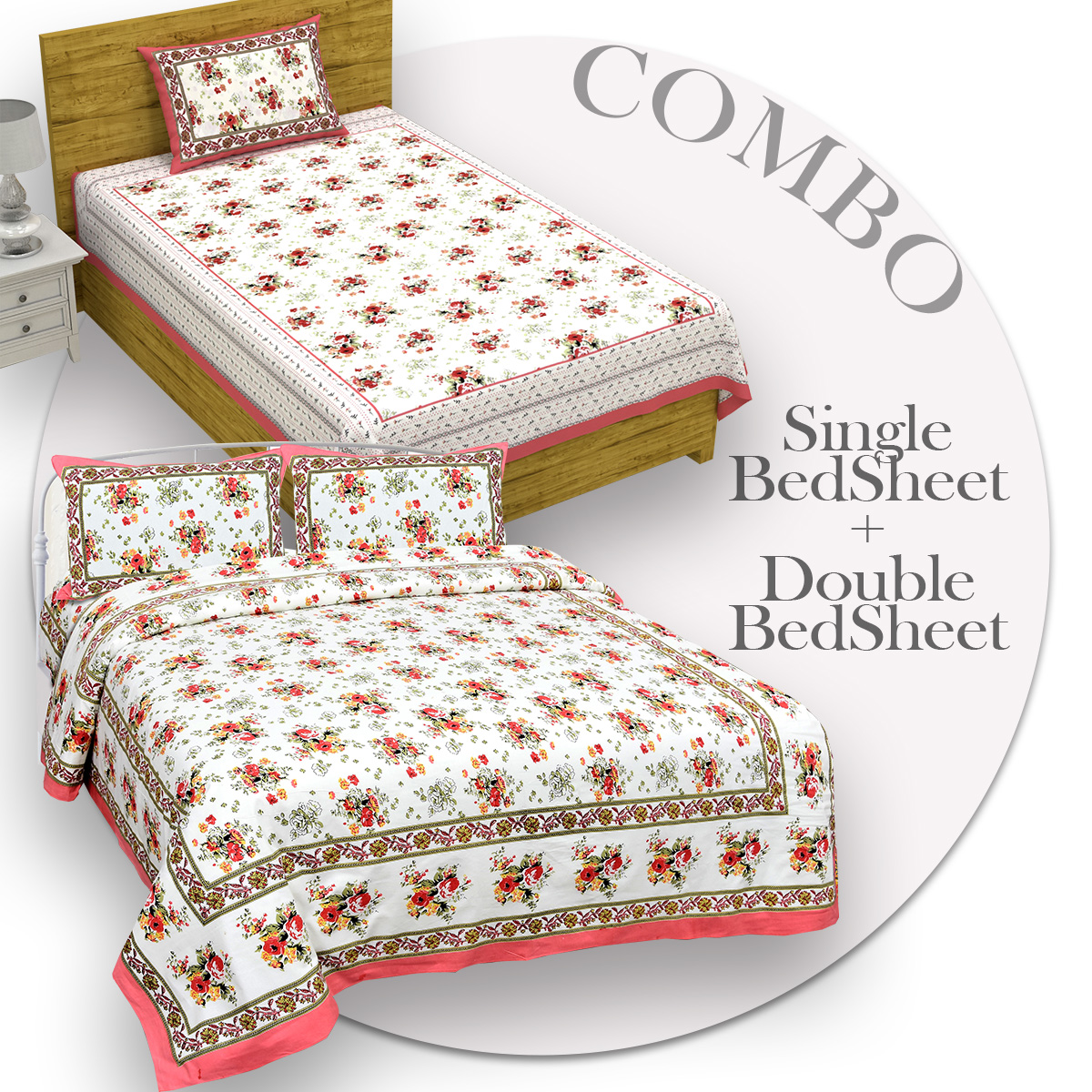 COMBO369 Beautiful Pink Colour Combo Set of 1 Single and 1 Double Bedsheet With 3 Pillow Cover