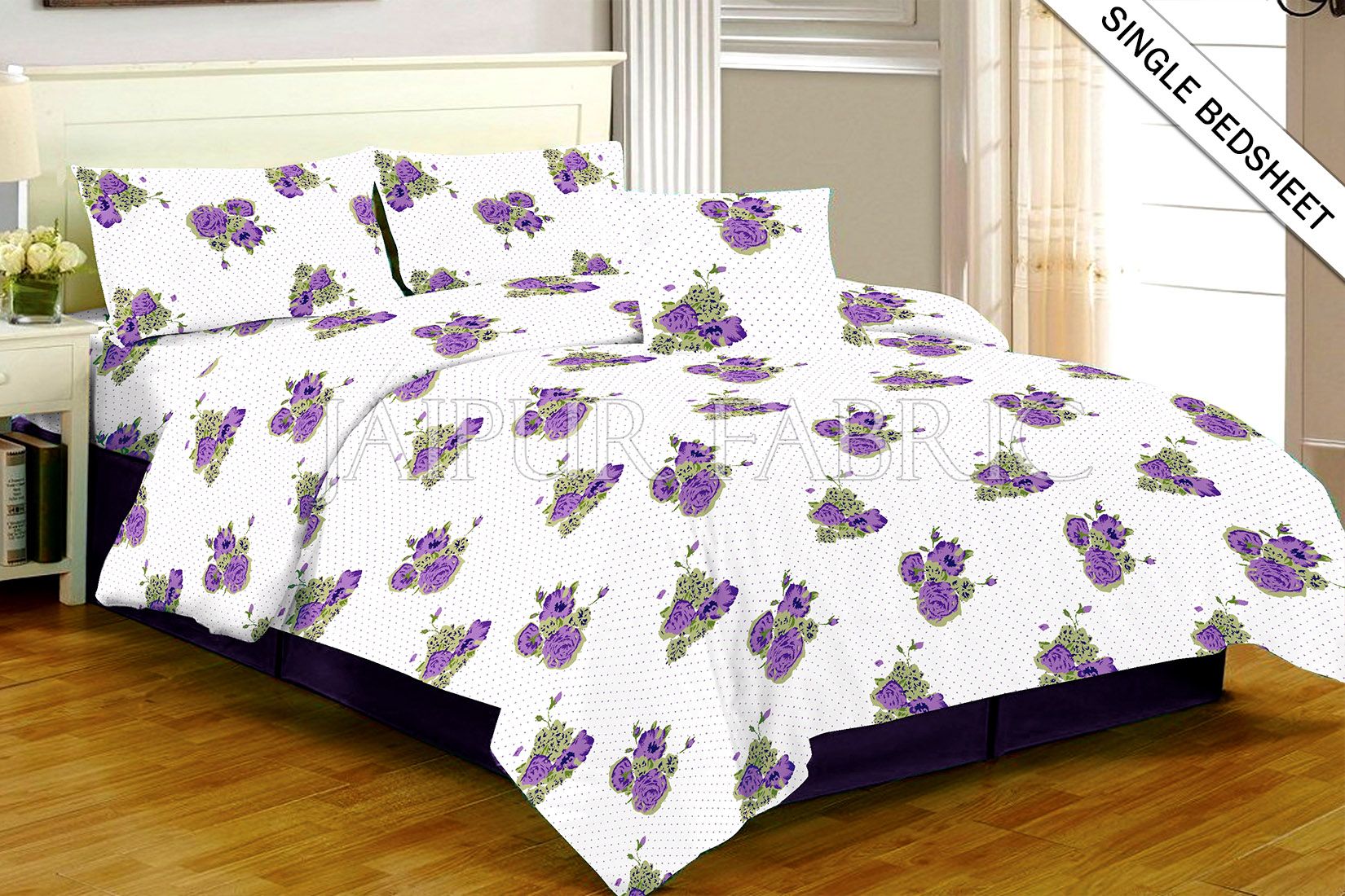 White Base Purple Flower Dotted Print Single Bed Sheet