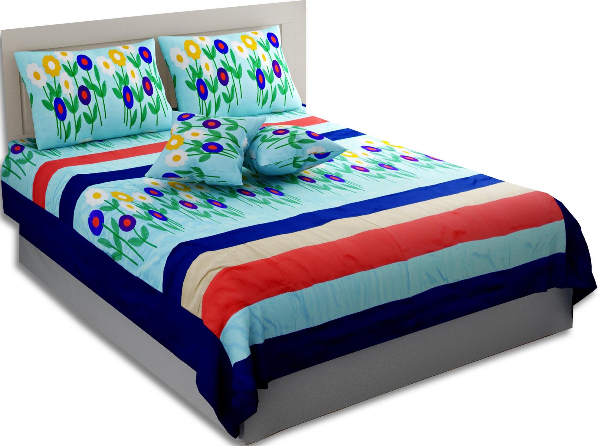 Ethnic Thread-work Flowery Blue Silk Double Bed Cover