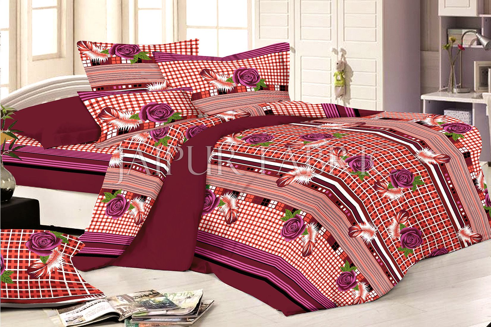 Maroon Base Flower and Feather Print Double Bed Sheet