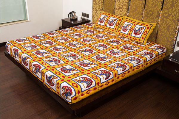Beige Jaipuri Ghoomar Dance Print Cotton Double Bed Sheet