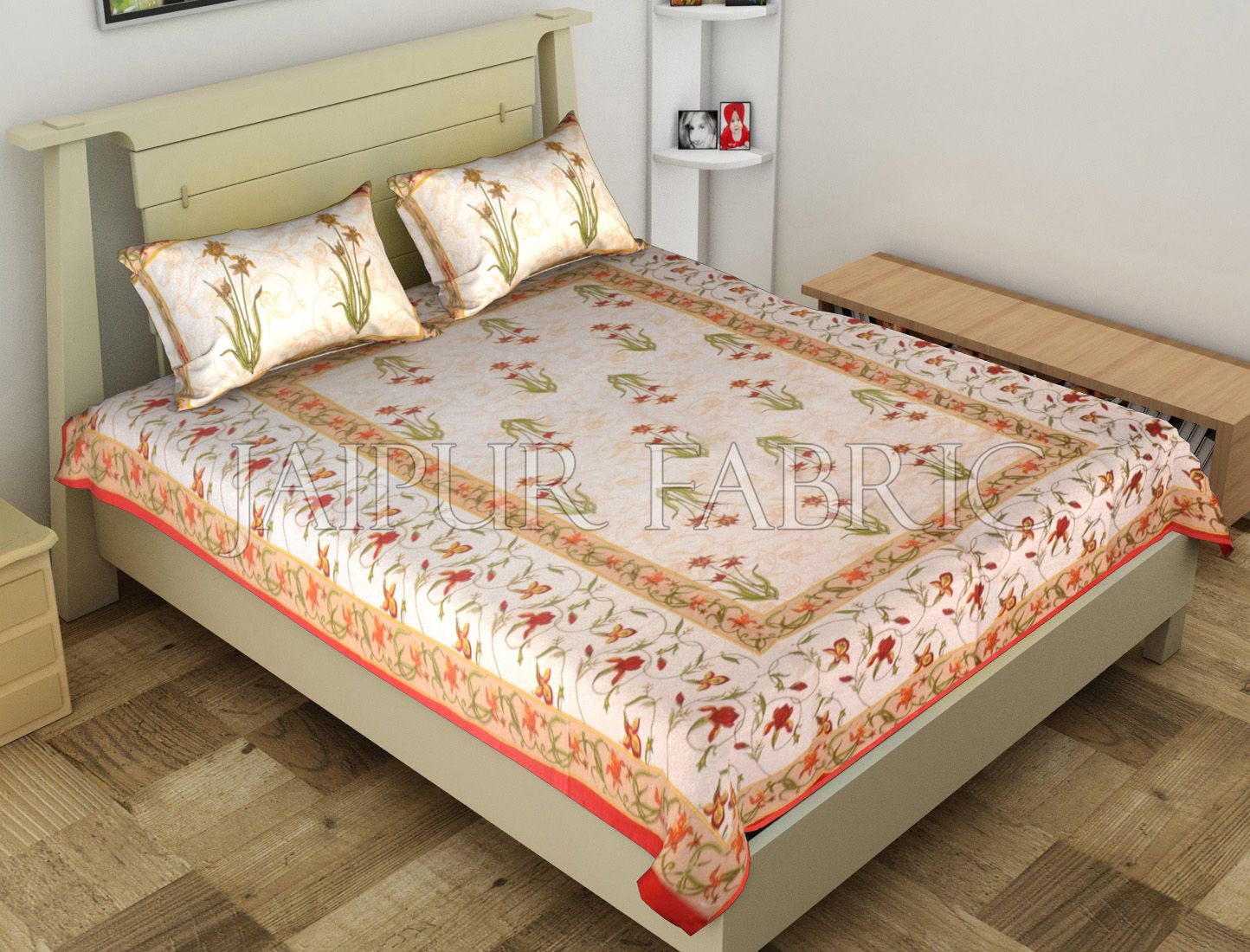Red Border Lotus Floral Printed Cotton Single Bed Sheet