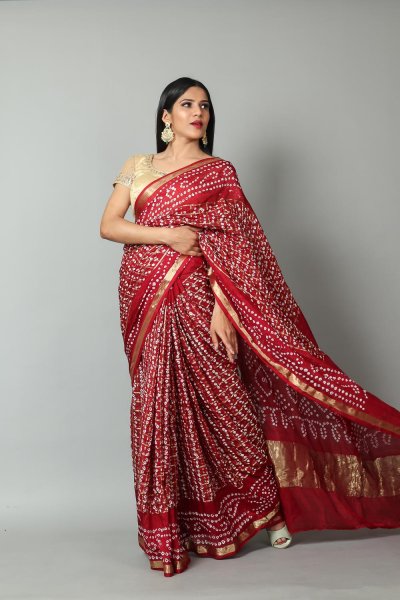 Womens Bandhani and Banarasi Saree and Blouse Fabric-Maroon