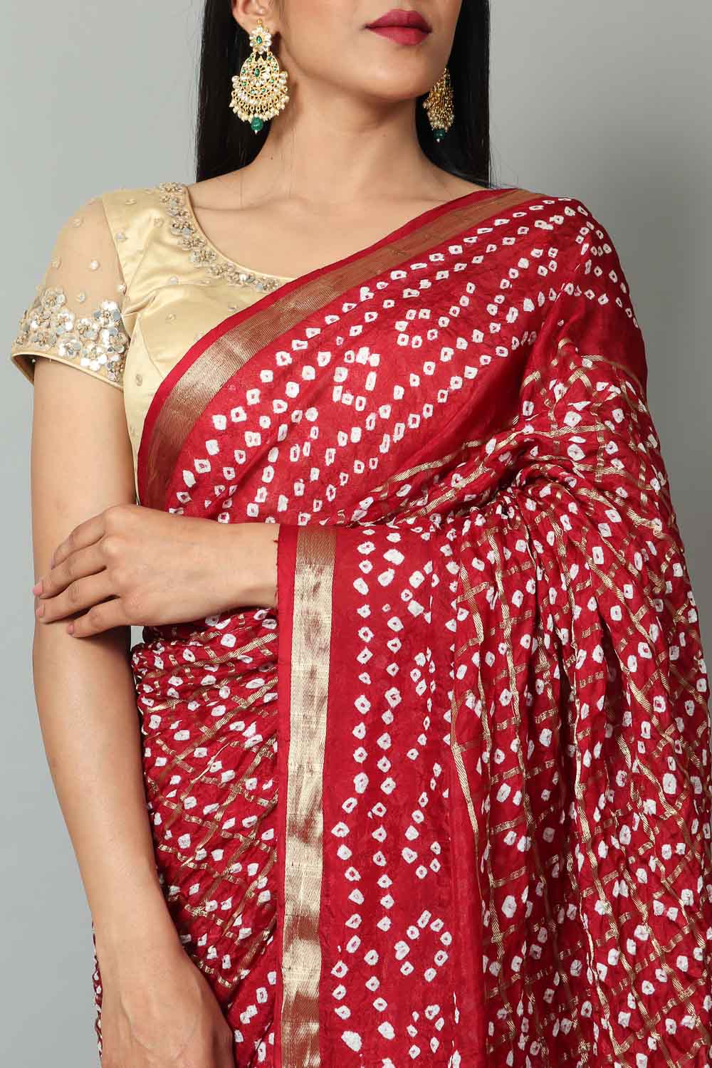 Womens Bandhani and Banarasi Saree and Blouse Fabric-Maroon