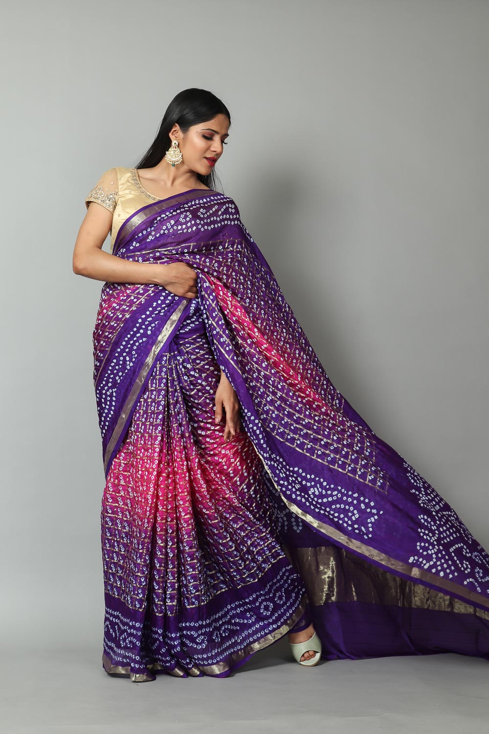 Womens Bandhani and Banarasi Saree and Blouse Fabric-Purple-Pink