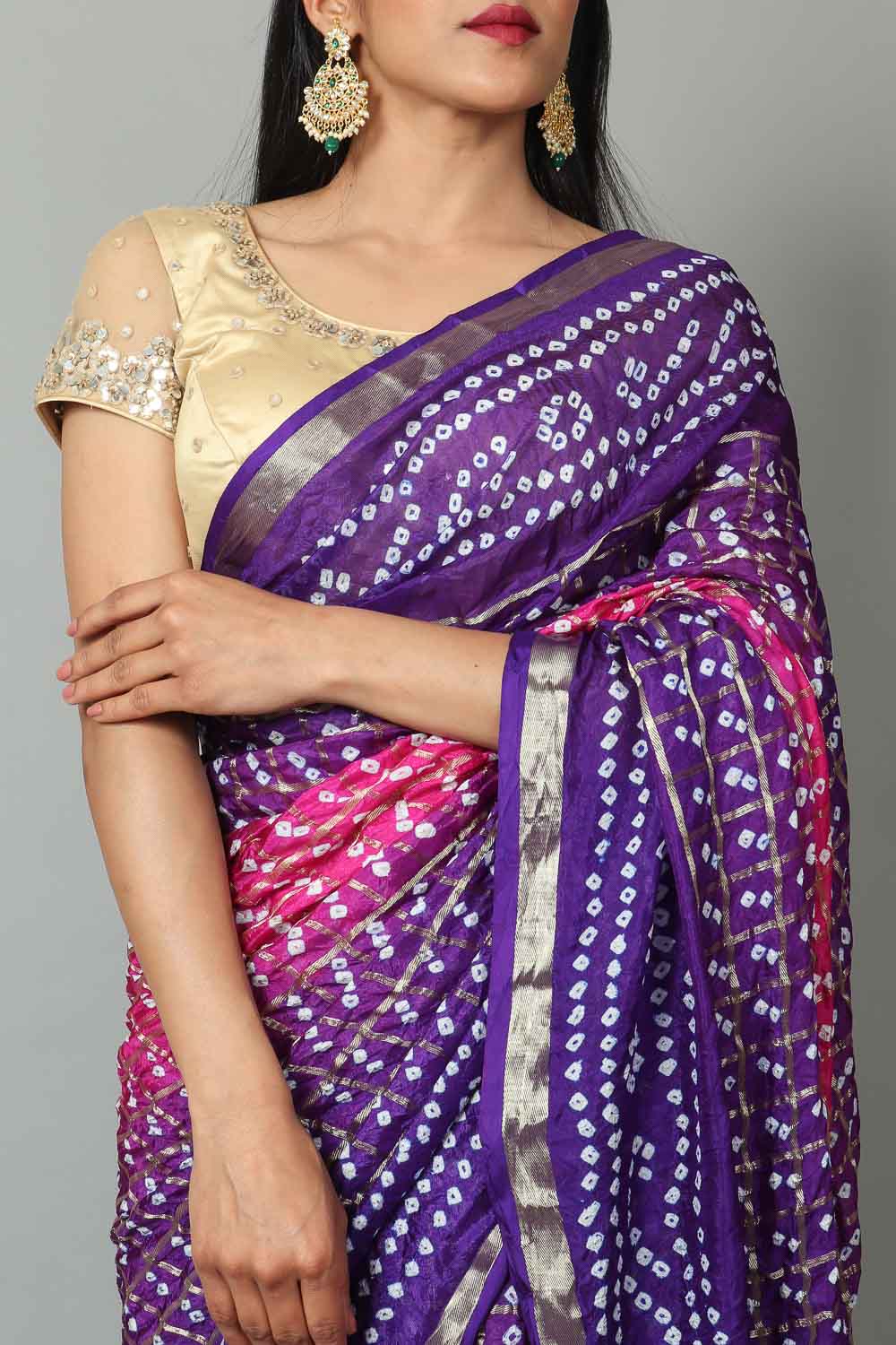 Womens Bandhani and Banarasi Saree and Blouse Fabric-Purple-Pink