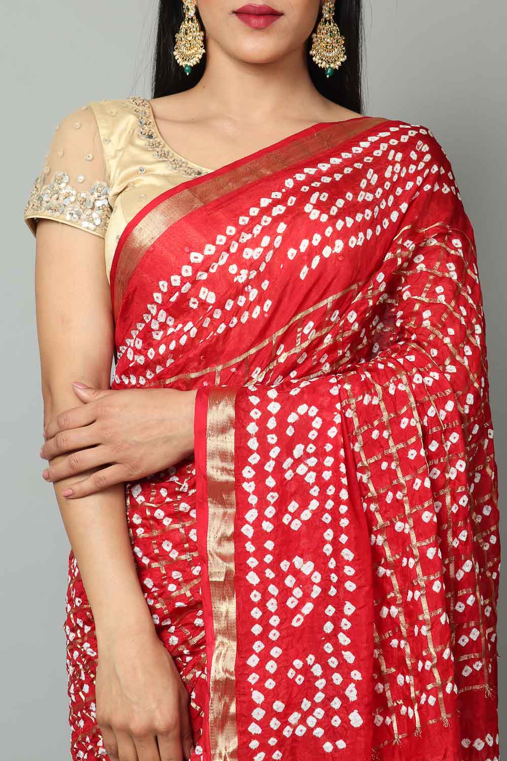 Womens Bandhani and Banarasi Saree and Blouse Fabric-Red