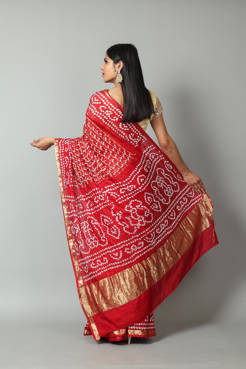 Womens Bandhani and Banarasi Saree and Blouse Fabric-Red