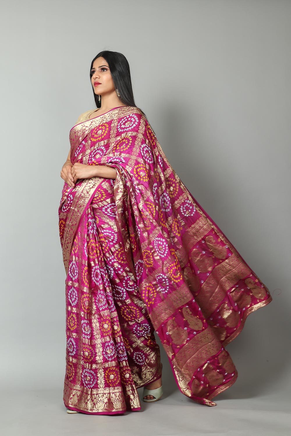 Womens Bandhani and Banarasi Saree and Blouse Fabric-Pink