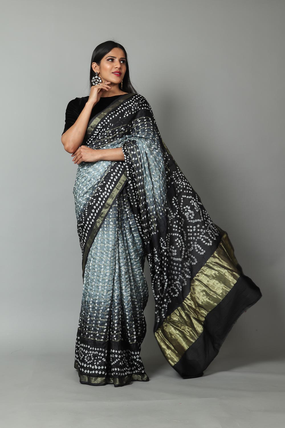 Womens Bandhani and Banarasi Saree and Blouse Fabric-Grey-Black