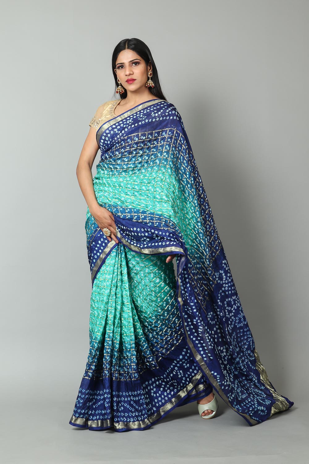 Womens Bandhani and Banarasi Saree and Blouse Fabric-Green-Blue
