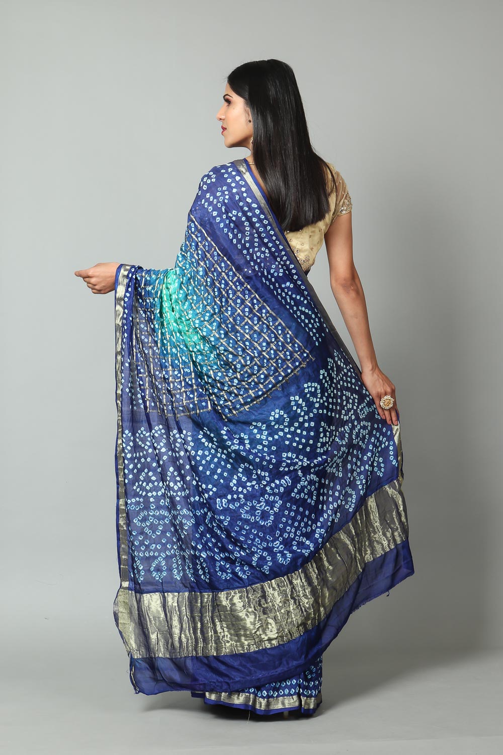 Womens Bandhani and Banarasi Saree and Blouse Fabric-Green-Blue