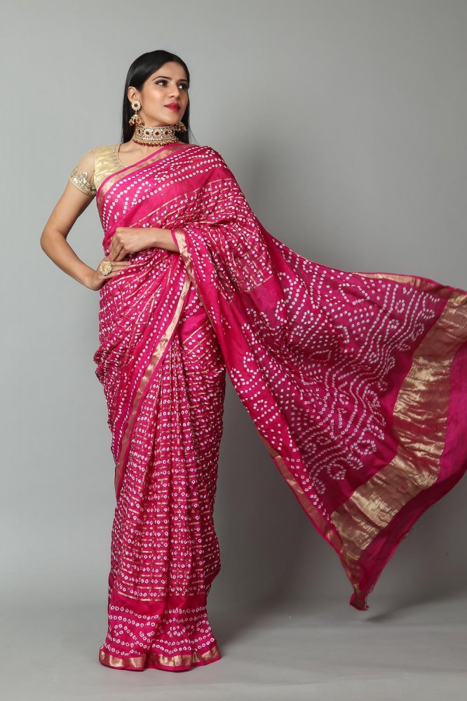 Bandhani with Zari Weaving Bandhani Pallu Silk Pink Saree with Blouse Piece