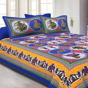 Yellow base Jaipur doli design  with elephant Print Double Bed Sheet and Pillow Covers