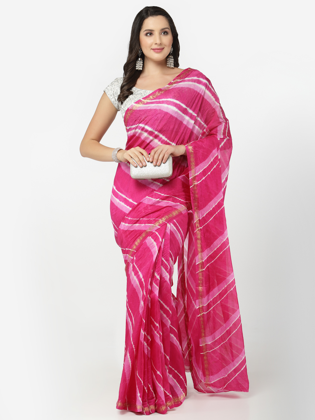 Womens Silk Bandhani and Zari Weaving Saree and Blouse Piece (Pink And White)