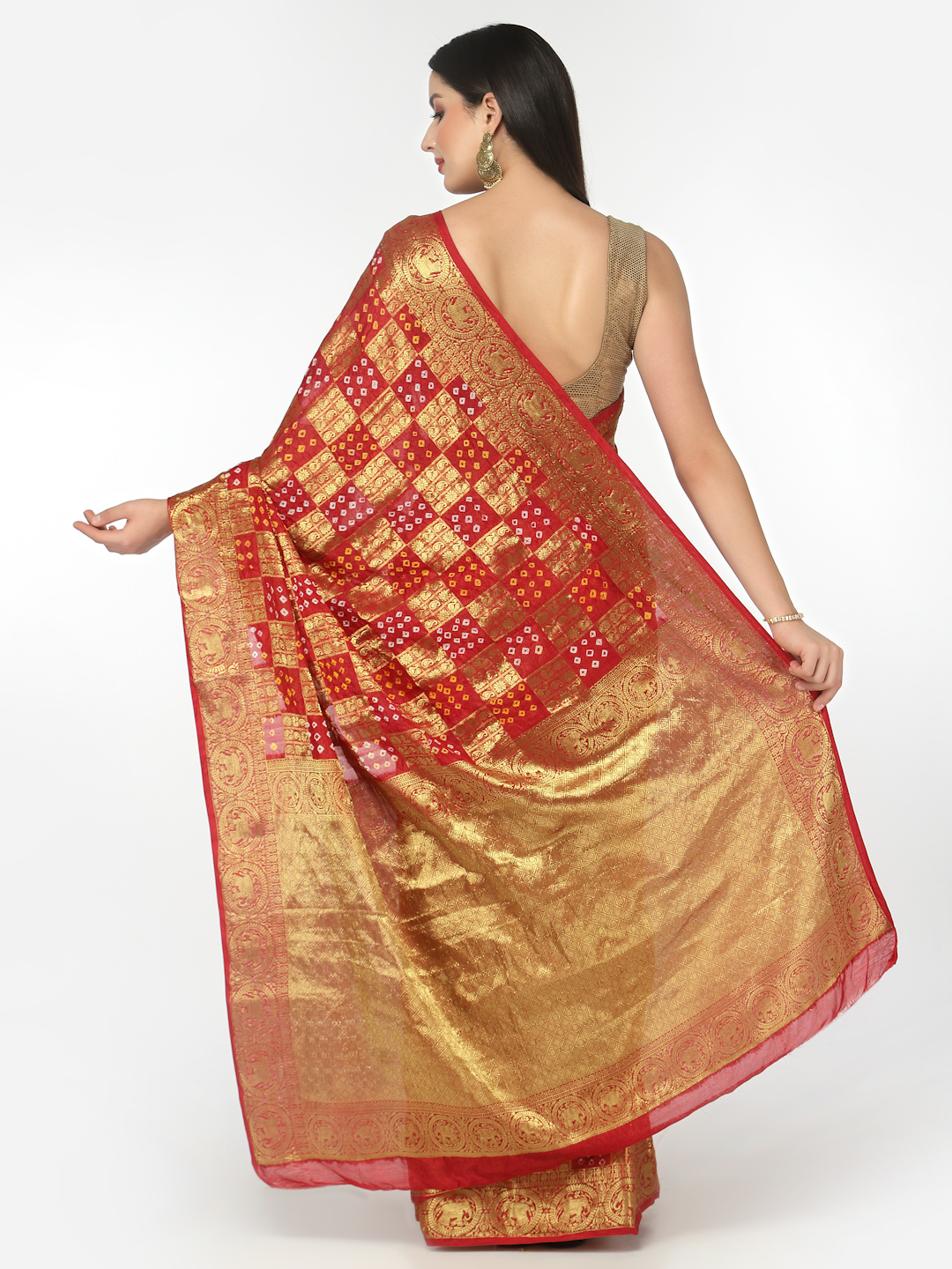 Women Silk Bandhani and Zari Weaving Saree with Unstitched Blouse - Red And Gold