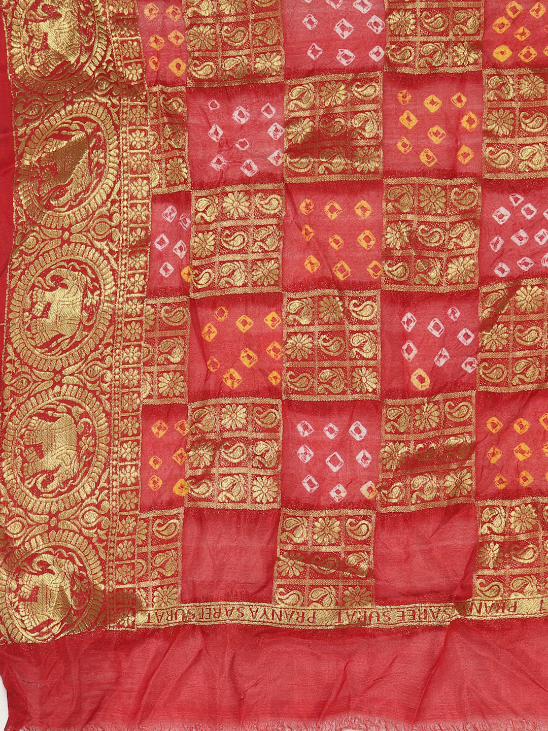 Women Silk Bandhani and Zari Weaving Saree with Unstitched Blouse - Red And Gold