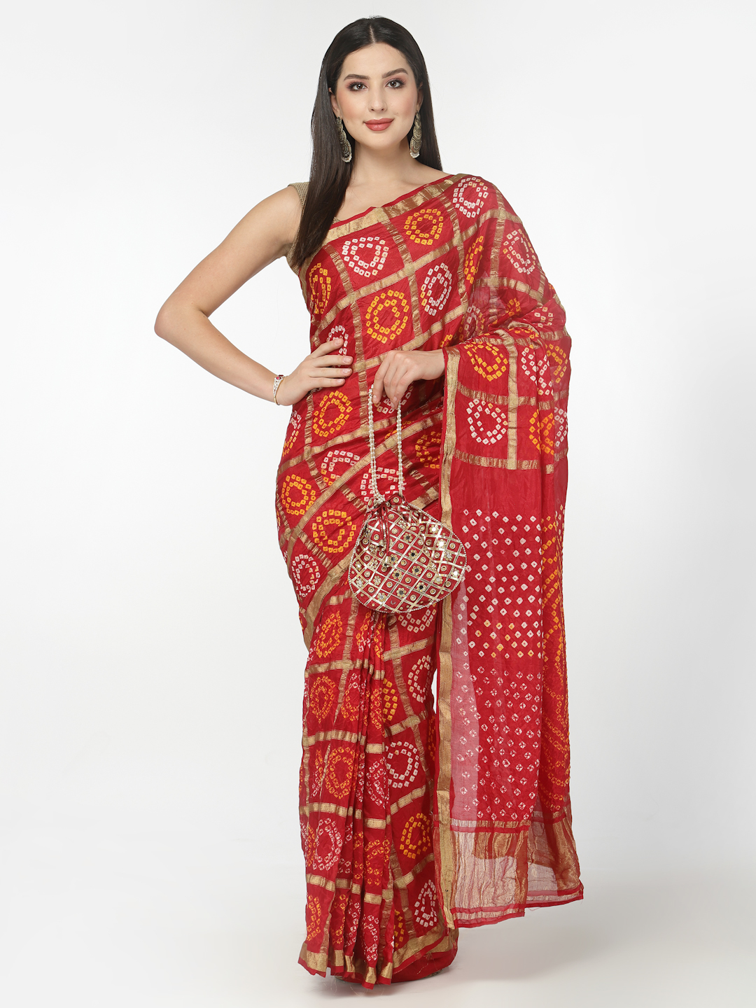 Red Women Silk Bandhani and Zari Weaving Saree with Unstitched Blouse