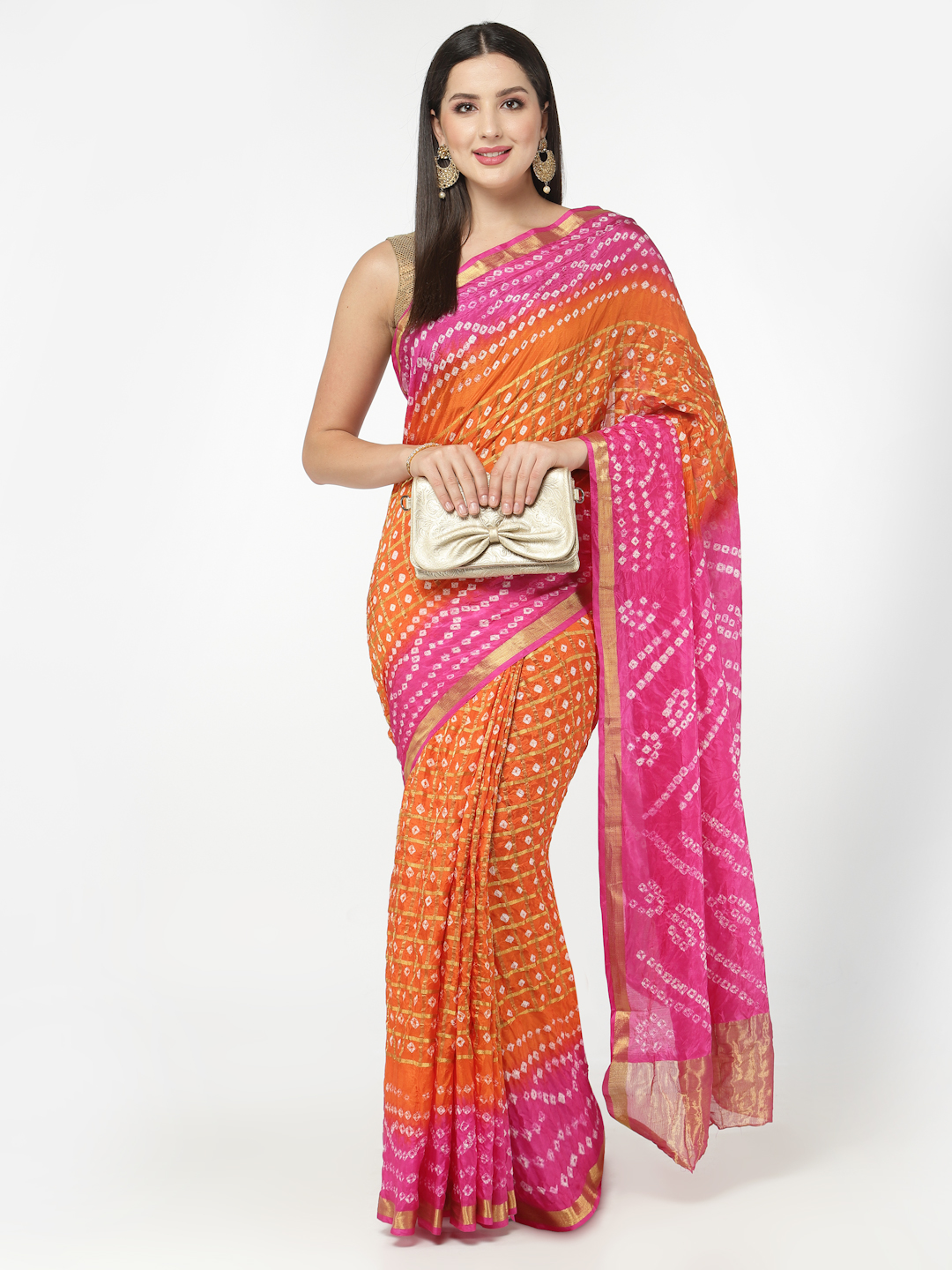Women Silk Bandhani and Zari Weaving Saree with Unstitched Blouse - Orange And Pink