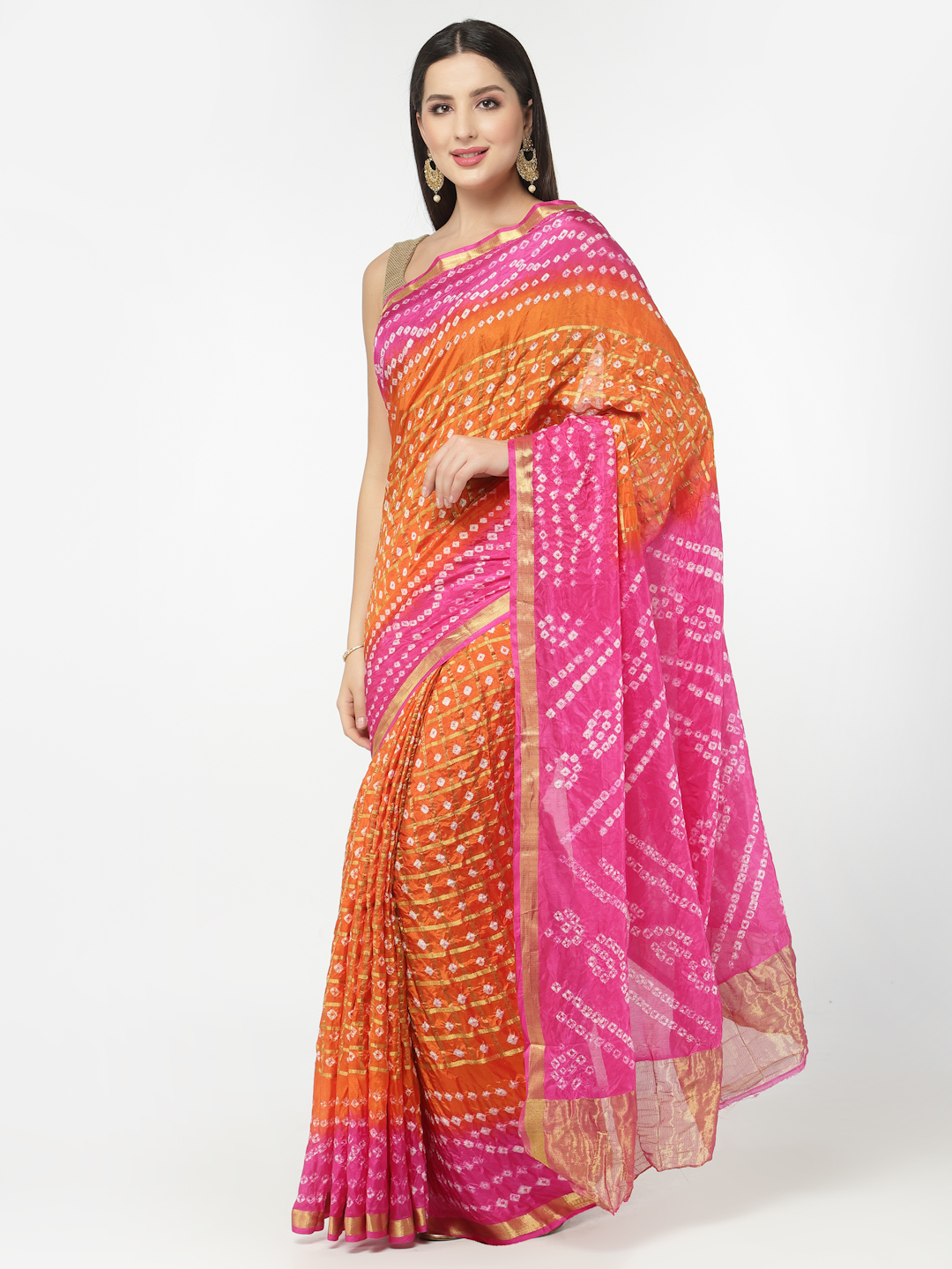 Women Silk Bandhani and Zari Weaving Saree with Unstitched Blouse - Orange And Pink